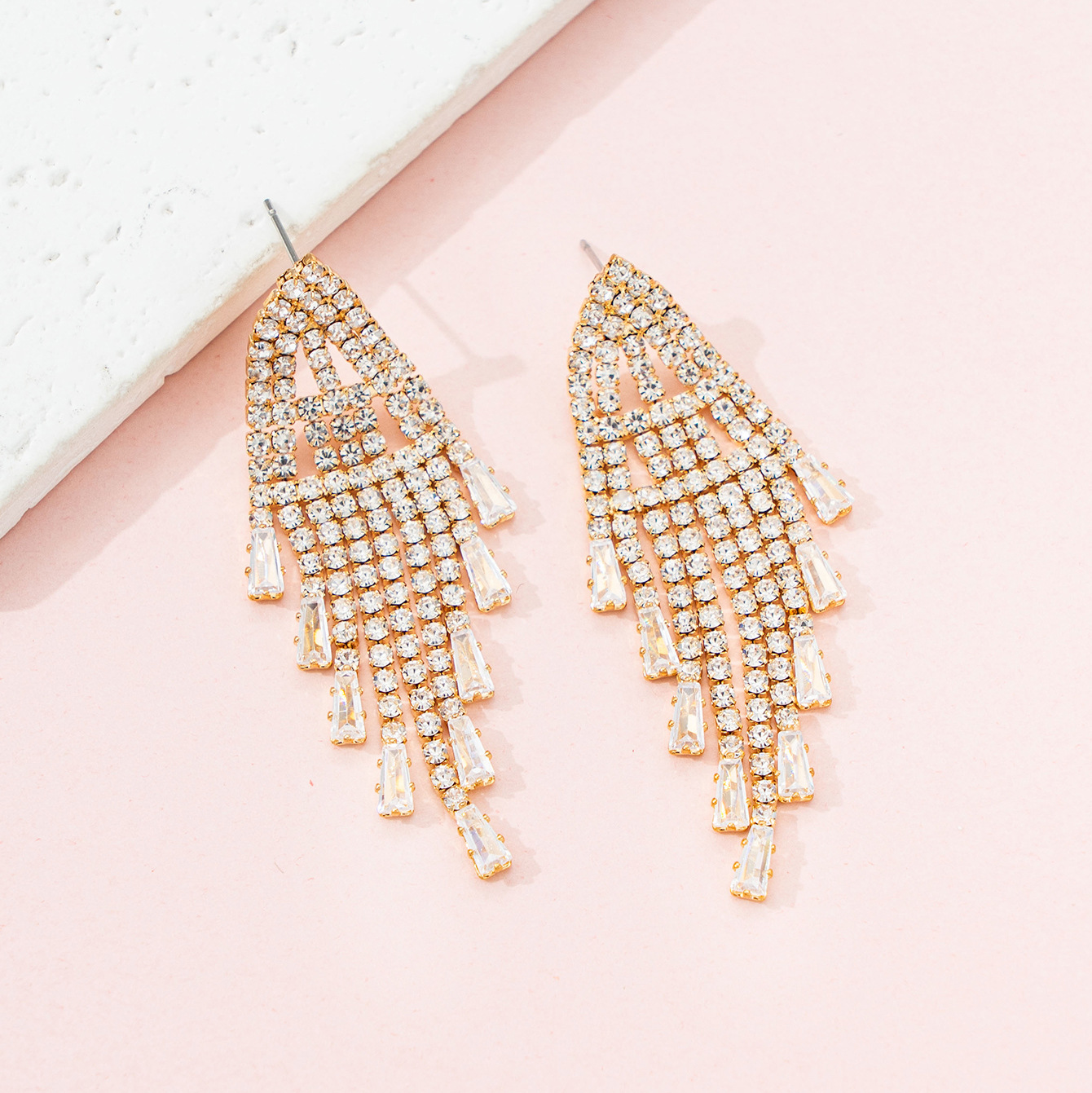 European and American cross-border design sense geometric hollowed-out rhinestone tassel zirconia earrings, Korean style simple, elegant and versatile foreign trade accessories details Picture