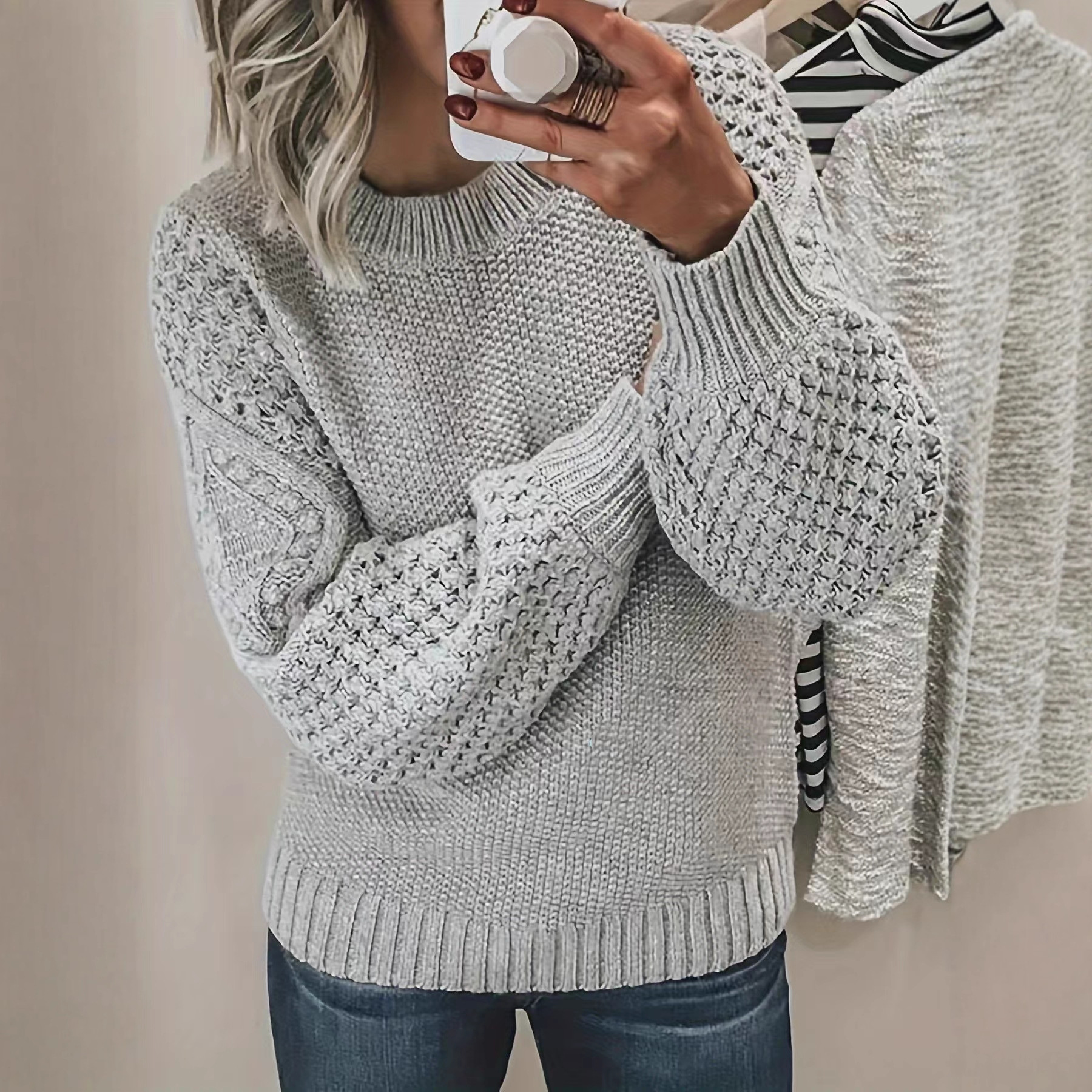 European and American cross-border women's sweater autumn and winter collection, versatile solid color knitted pullover top, round neck knitted export sweater thumbnail