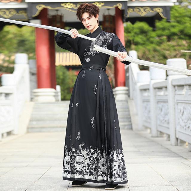 Order for Chinese trend Hanfu men's Chinese-style embroidered cross-collar long-sleeved gold-embossed horse-face skirt Hanfu women's martial arts style set Specification image