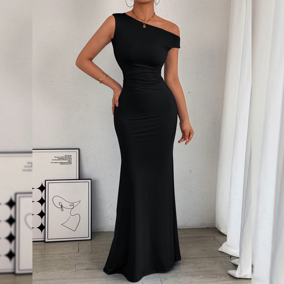 2026 Cross-border women's fish tail dress from Europe and America, Amazon bestseller, off-the-shoulder collar, waist pleated sleeveless sexy dress full figure