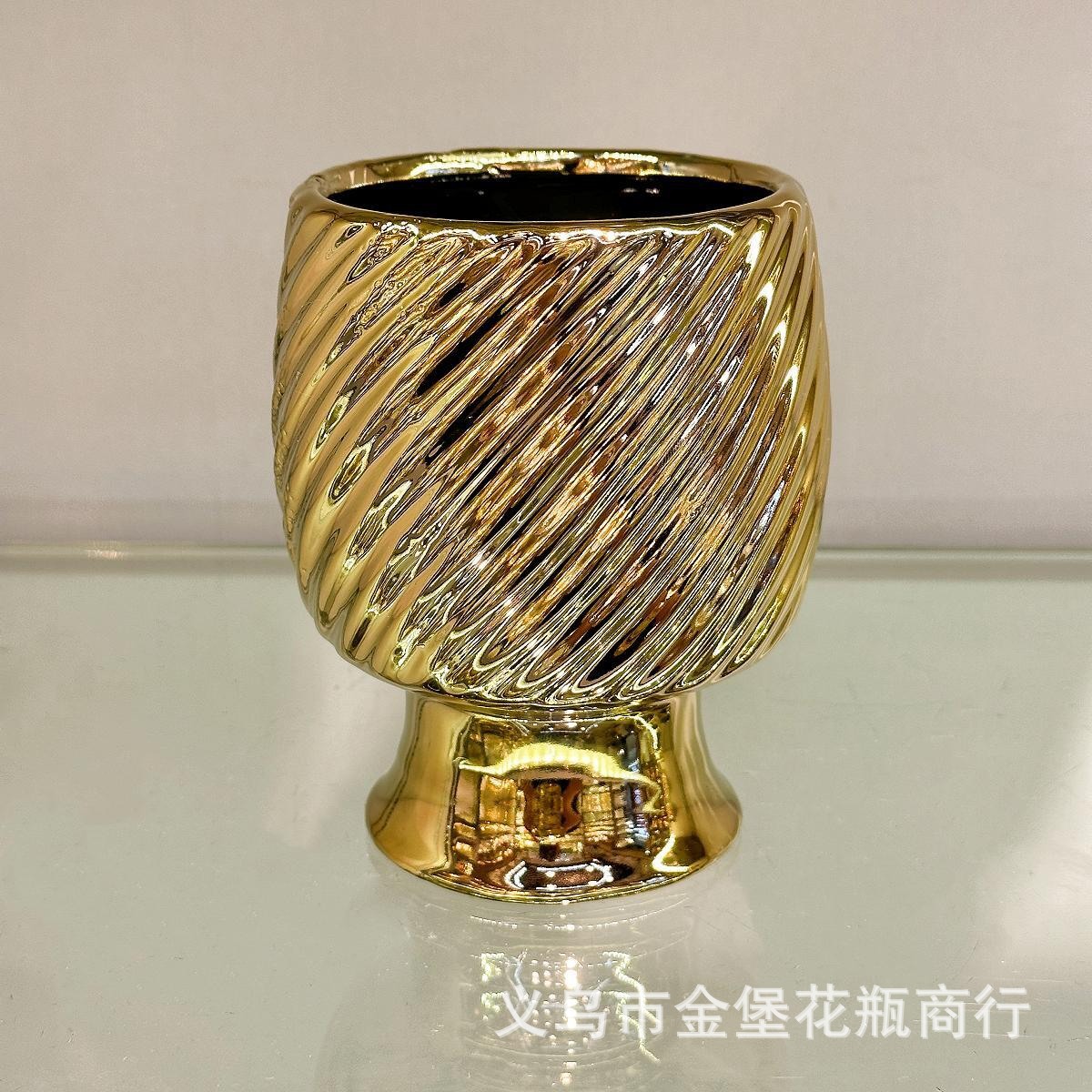 金色亮面陶瓷高脚小花盆 浮雕圆点纹理花钵 轻奢软装摆件现货批发