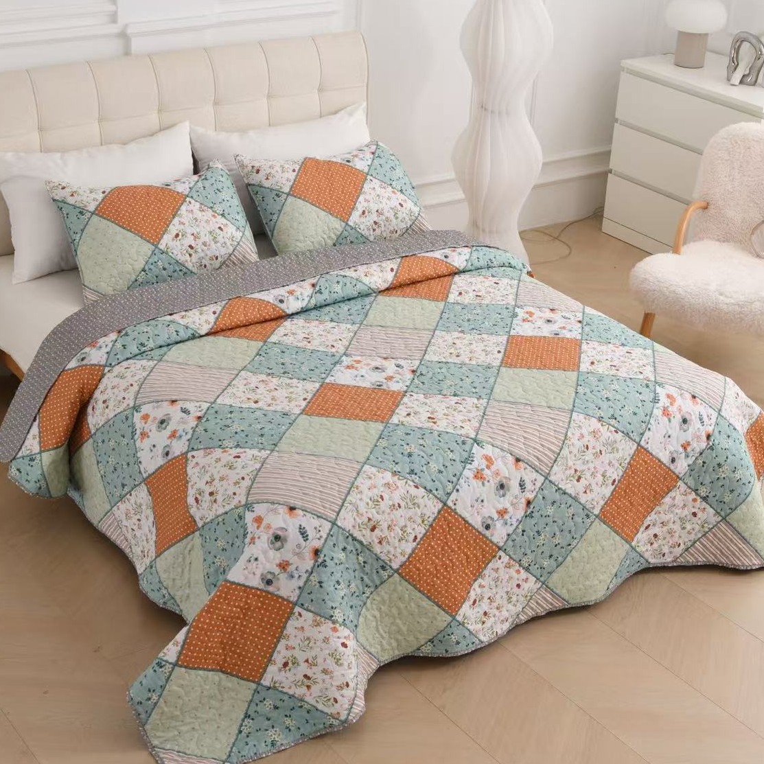Amazon cross-border quilted quilt three-piece set, summer cool quilt with cotton quilted bed cover, bed sheet, air-conditioned quilt, bedding