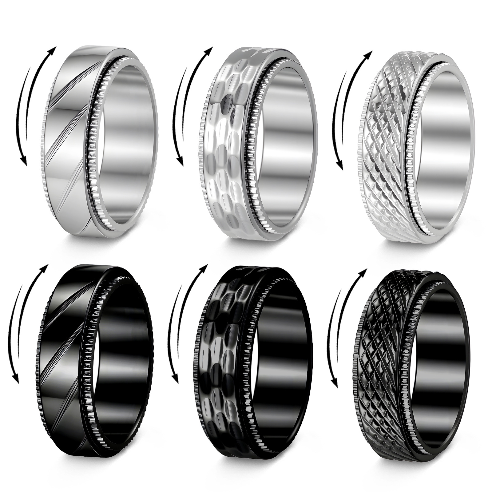 Cross-border personalized and fashionable titanium steel jewelry punk style 8mm patchwork mesh pattern rotatable vacuum titanium steel ring