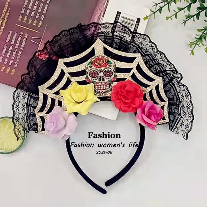 欧美万圣节派对发箍海盗帽鬼节发饰黑网纱狂欢节头扣厂家直销白底实物图