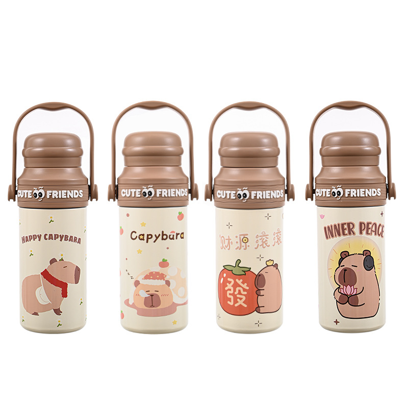 2025新款高颜值卡皮巴拉保温杯女生可爱学生上学专用便携手提水杯白底实物图