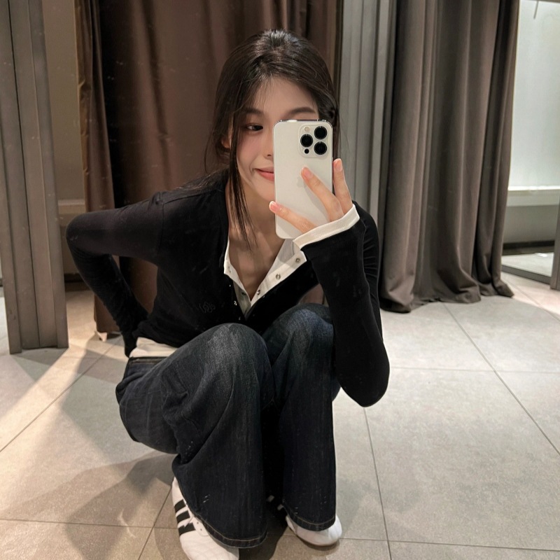 黑色拼接女性上半身衬衫简约时尚百搭修身设计感产品图