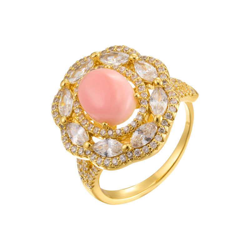 Luxurious and high-end pink Queen shell open ring, copper alloy, real gold electroplated with zircon, exquisite adjustable ring Item Picture