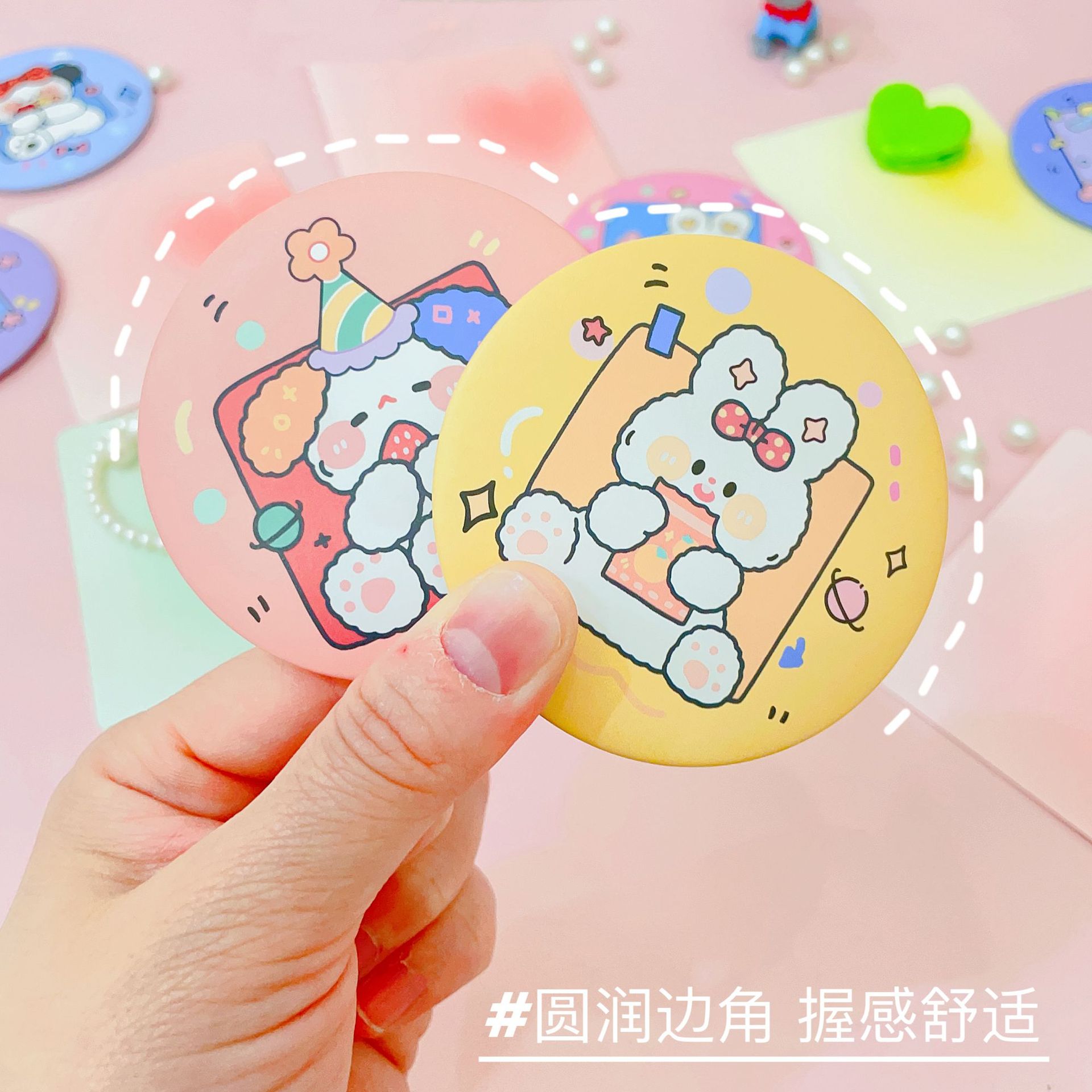 Six cute round hand-held folding makeup mirrors with pearl-colored paper backgrounds featuring colorful cartoon animal bread Specification image