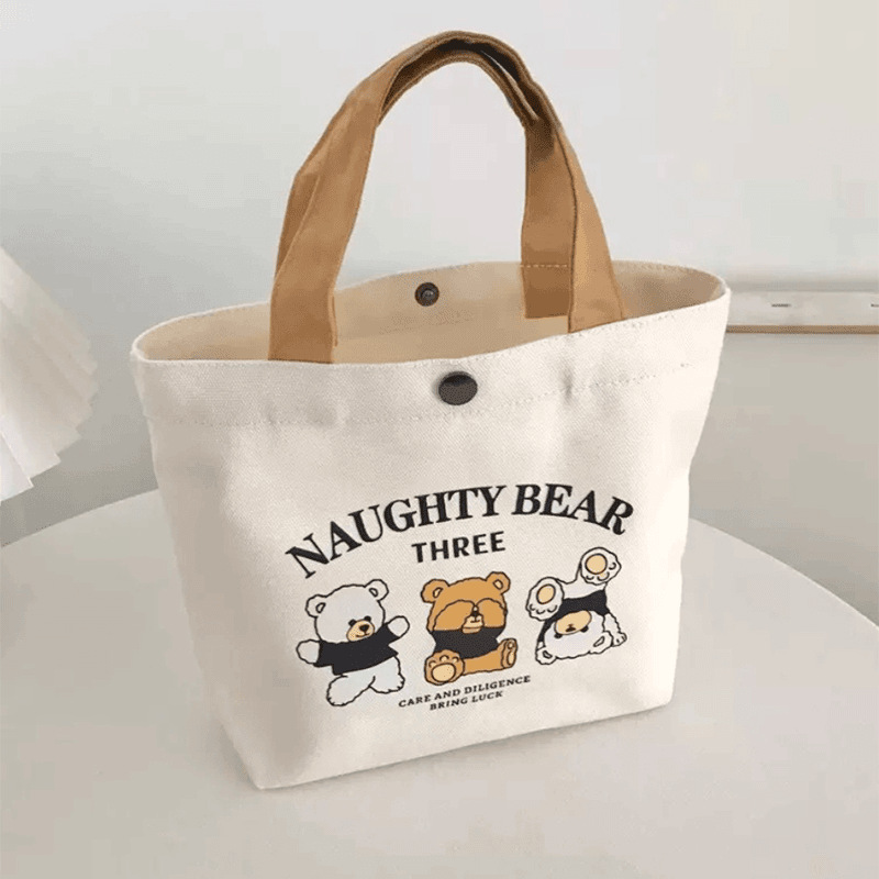 Cross-Border Bear Canvas Bag For Female Students, Portable Work Small Number, Hand-Held Bento Bag, Handbag Canvas Bag For Women, Single-Shoulder Bag, Handbag Storage Bag, Simple Handbag Canvas Bag