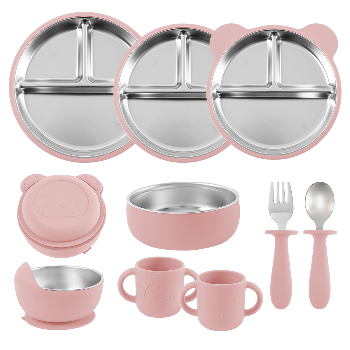 Cross-border new product 304 stainless steel silicone children's feeding set suction cups, baby complementary food plates, bowls, forks, spoons and tableware full figure