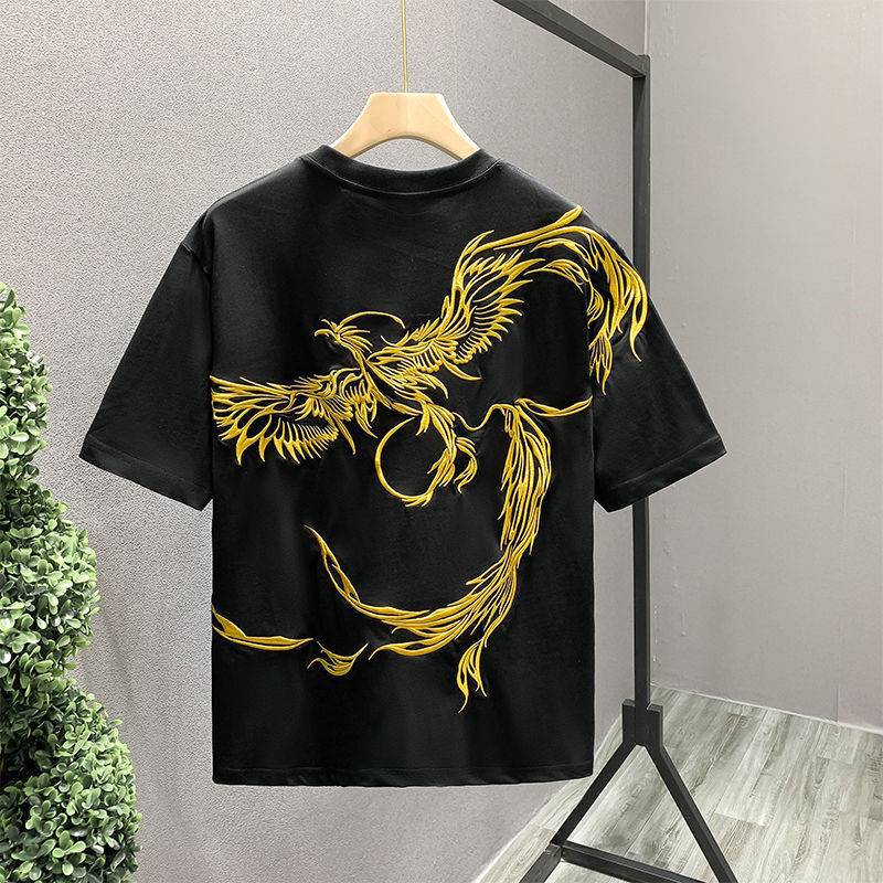 Guochao Heavy Industry Phoenix Embroidery, a high-end, niche and light luxury men's T-shirt with short sleeves details Picture