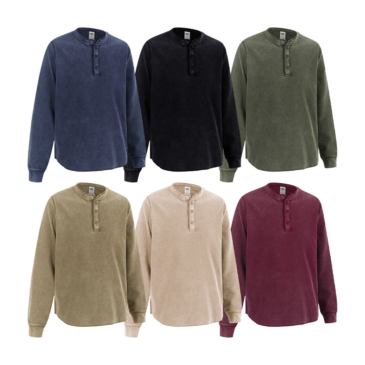 2026 Autumn Collection Henry Collar Waffle batik washed-out distressed men's round-neck button long-sleeved open-top trendy T-shirt Item Picture