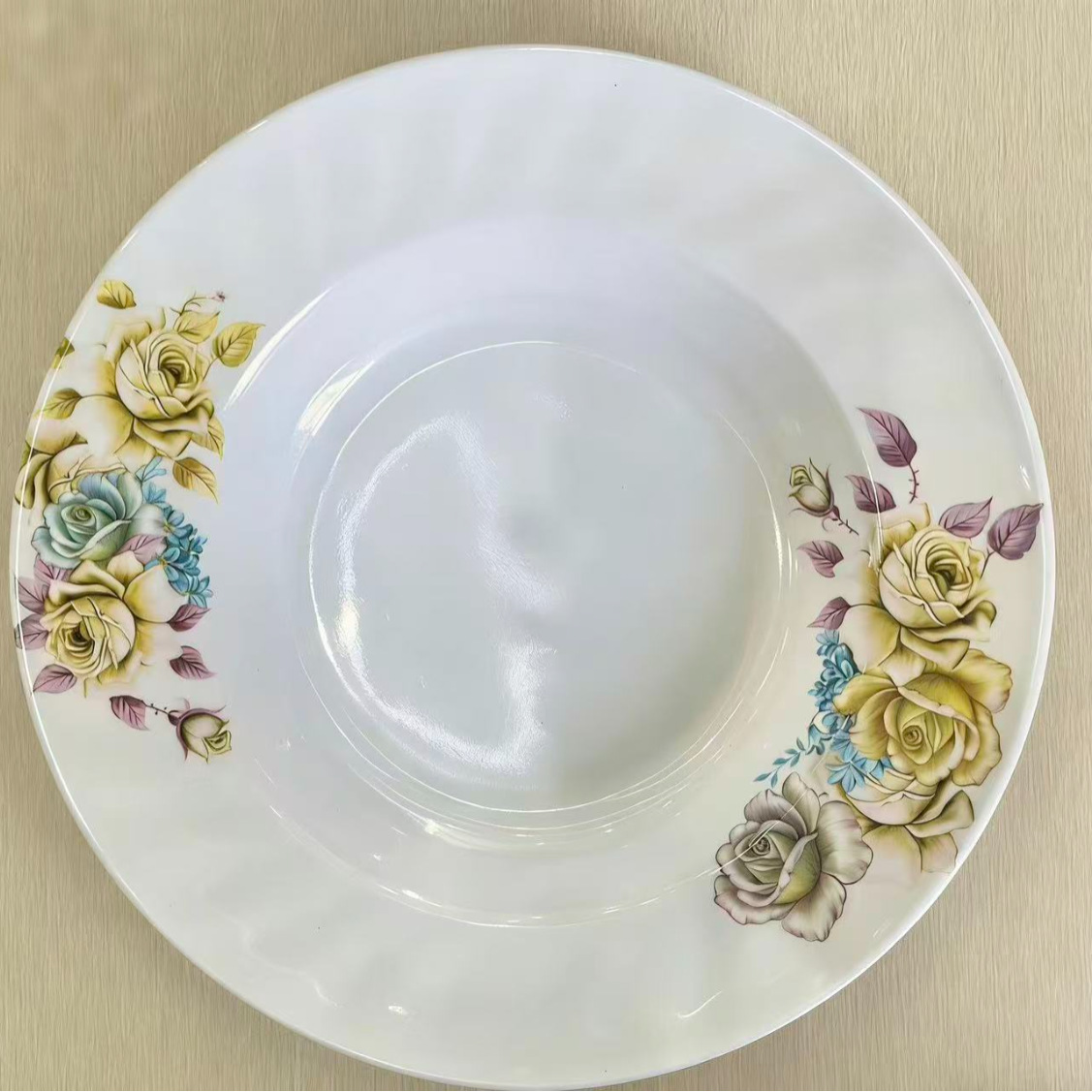 Chinese-style floral imitation porcelain deep plate, home soup and dish plate, rose printed imitation porcelain deep plate full figure