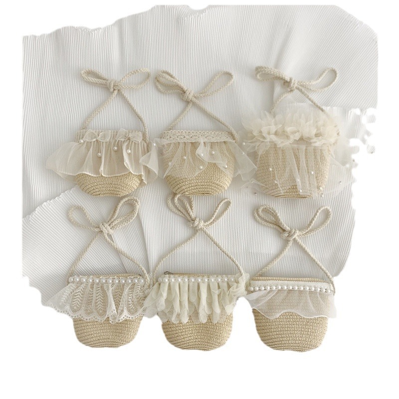 Cross-Border Straw Weaving Bag, Pearl Straw Weaving Mini Crossbody Small Square Bag, Girls' Summer Stylish Outfit, Sweet Lace Princess Bag, Handbag, Hand-Held Bag, Handcrafted Straw Weaving Bag Item Picture