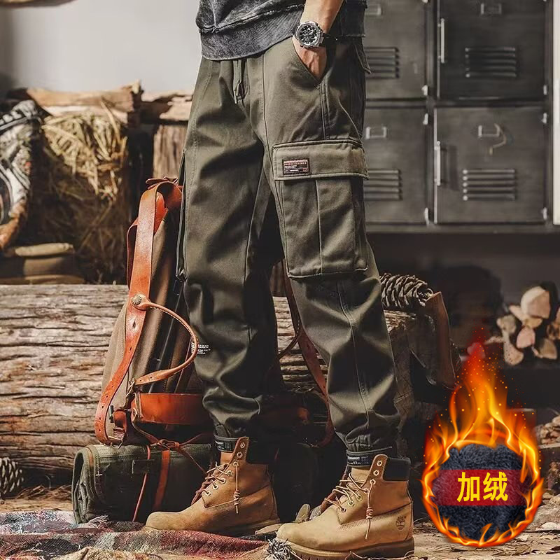 Multi-pocket workwear pants for men, new fleece American trendy brand loose casual pants for autumn and winter, men's fashionable tapered pants