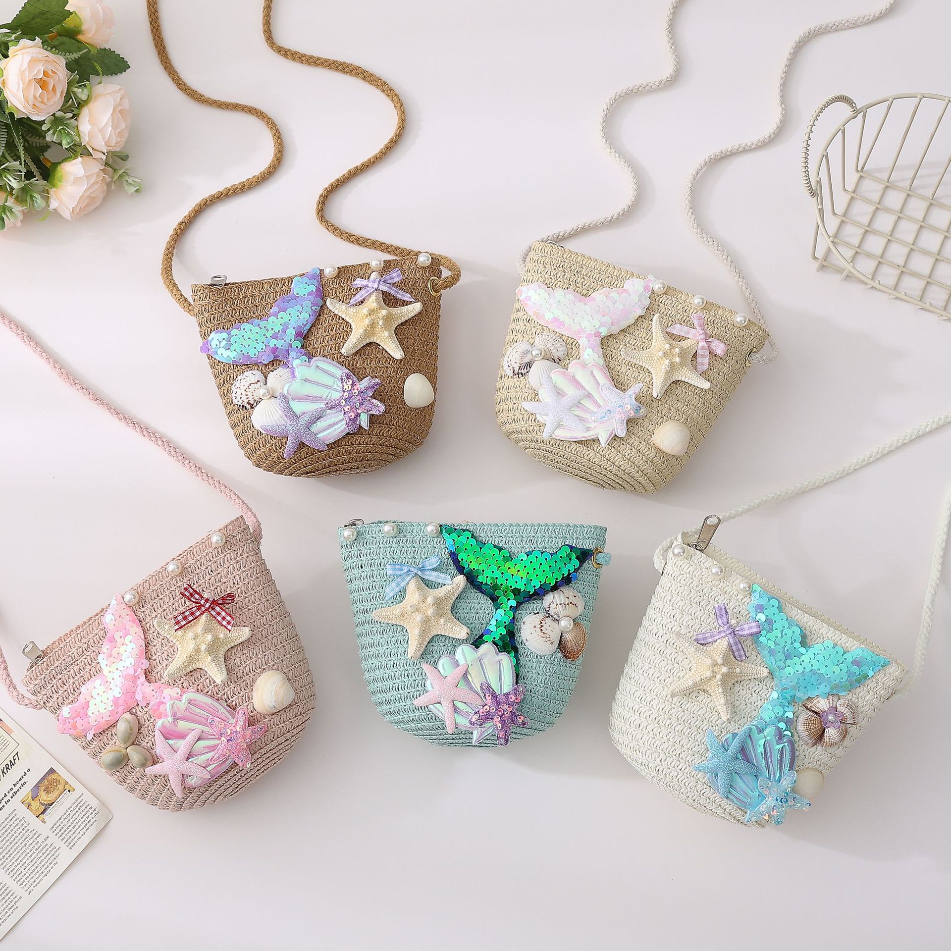 Cross-Border Straw Woven Bag, Ocean Mermaid, Ins Summer Children's Small Bag, Crossbody Bag, Girl And Princess Shoulder Bag, Loose Change Bag, Crossbody Bag, Handmade Straw Woven Bag