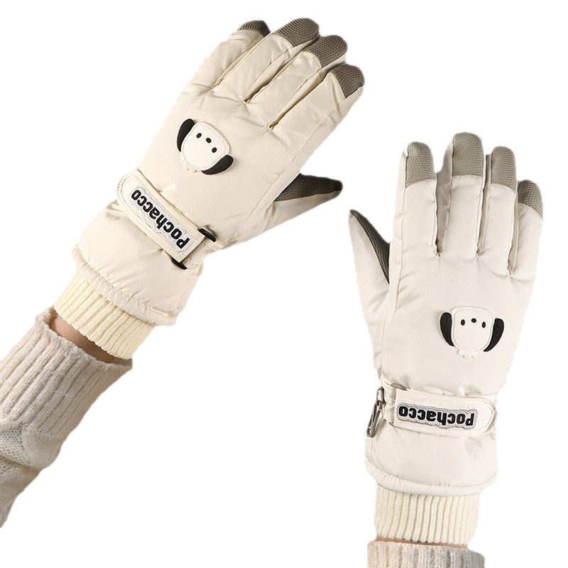 滑雪保暖手套女士秋冬季加绒加厚骑电车防风防水卡通可爱触屏手套白底实物图