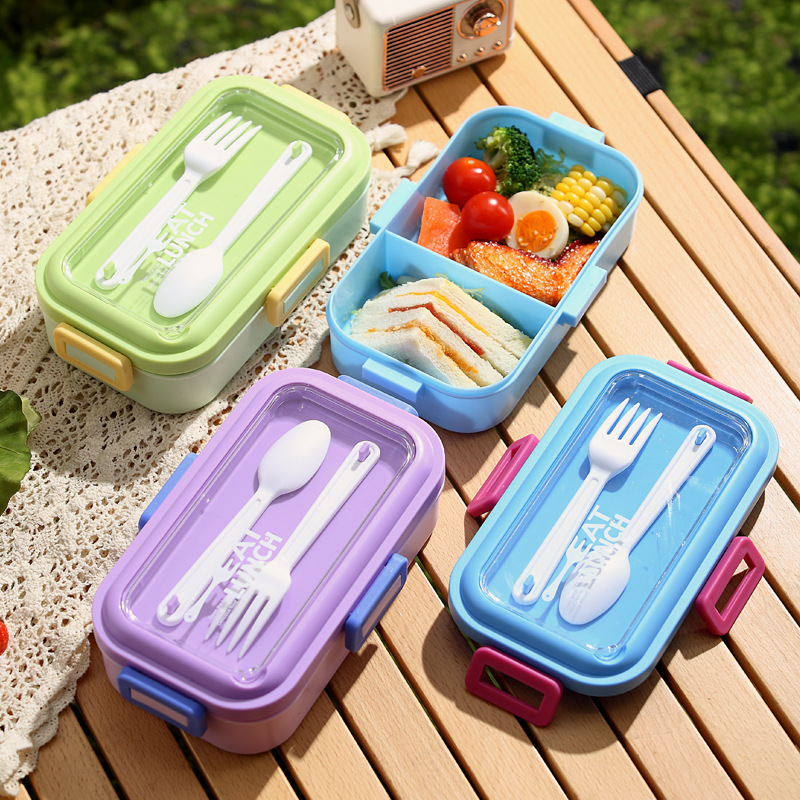 亚马逊跨境不锈钢轻食便当盒分格饭盒带叉勺便捷可微波炉午餐盒