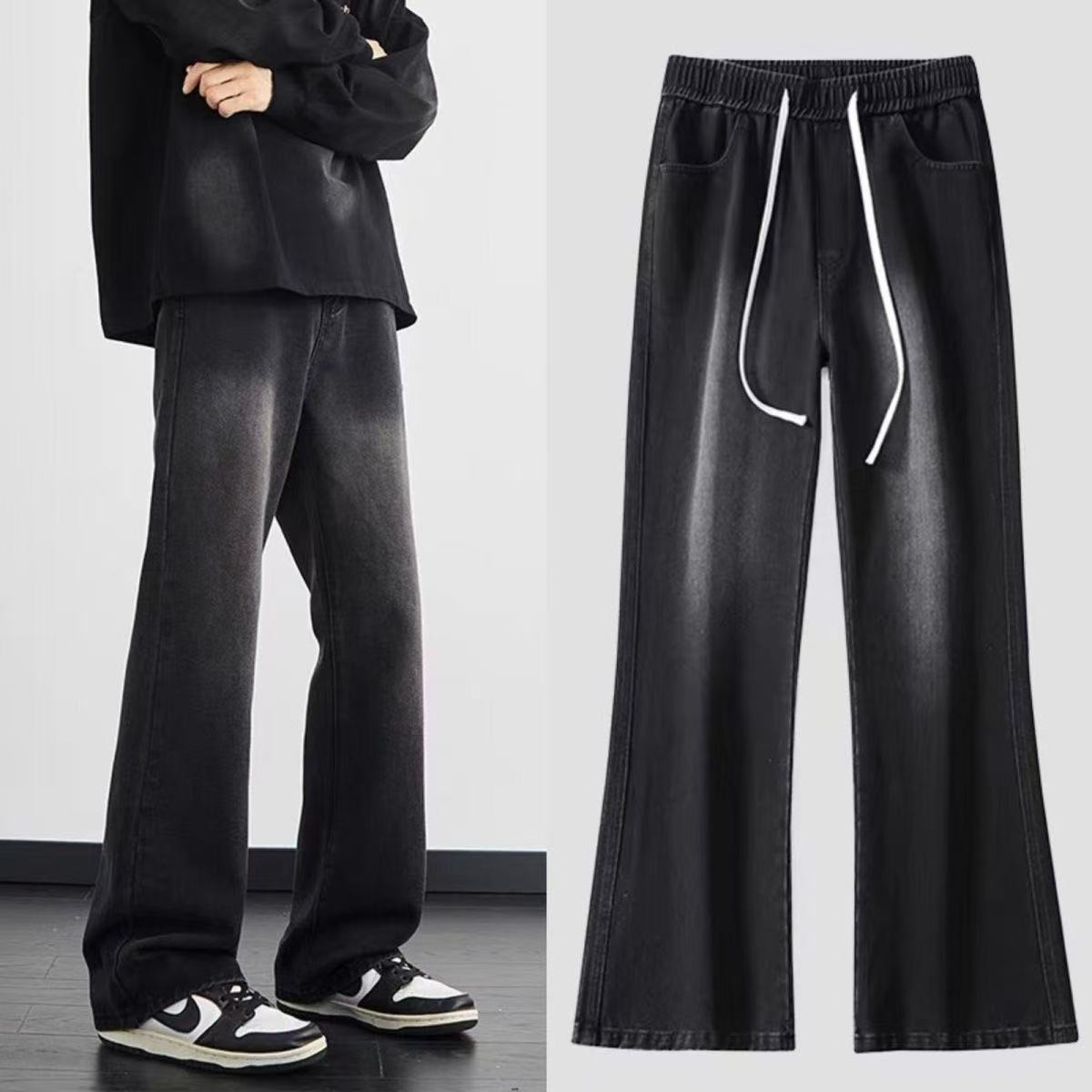 Spring 2025 foreign trade micro-flared jeans, men's slimming American high street wide-leg pants, washed retro men's long pants full figure