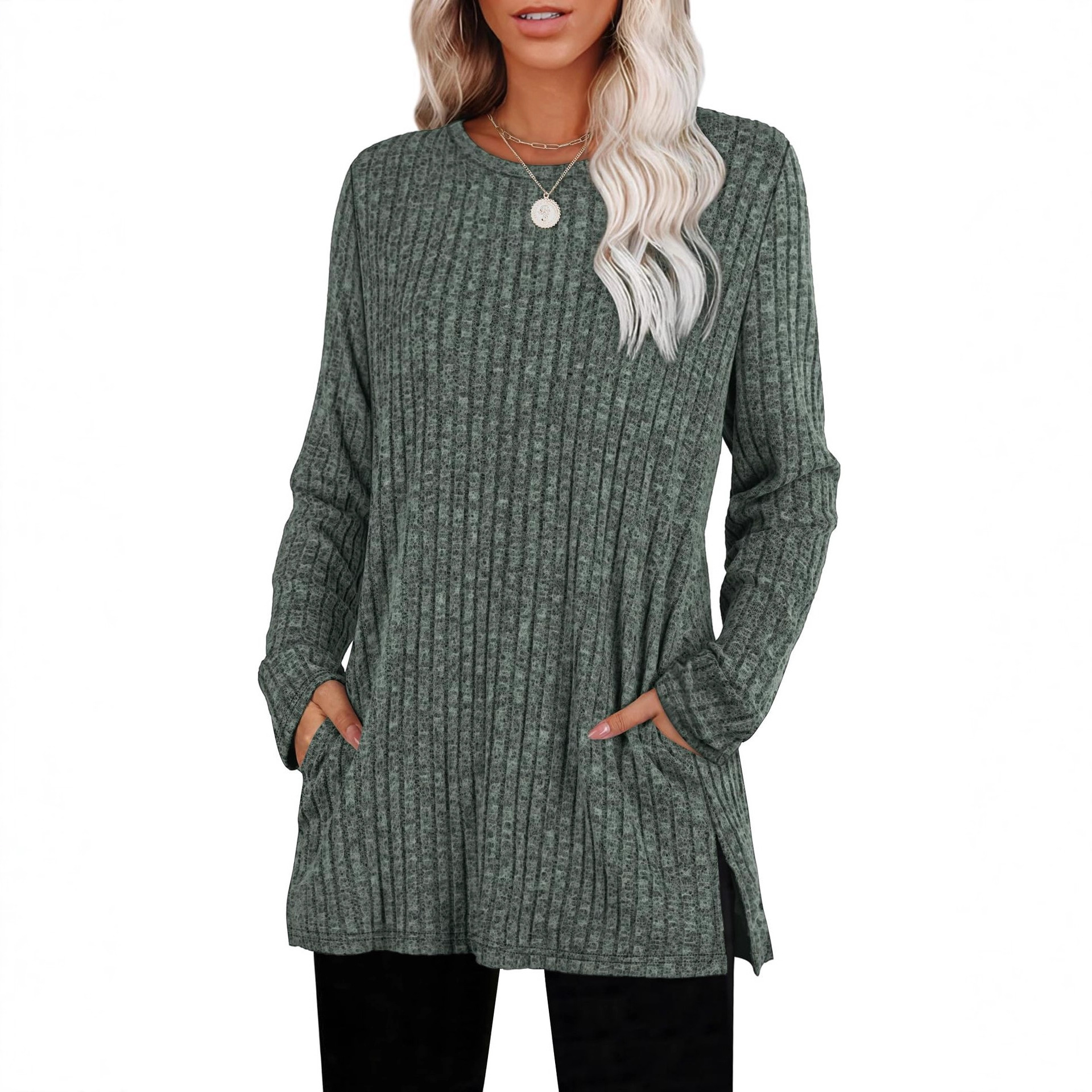 European and American women's sweaters with ripped round collars, long-sleeved shirts, pockets, autumn clothing, 2025 fashionable winter clothing with slits full figure