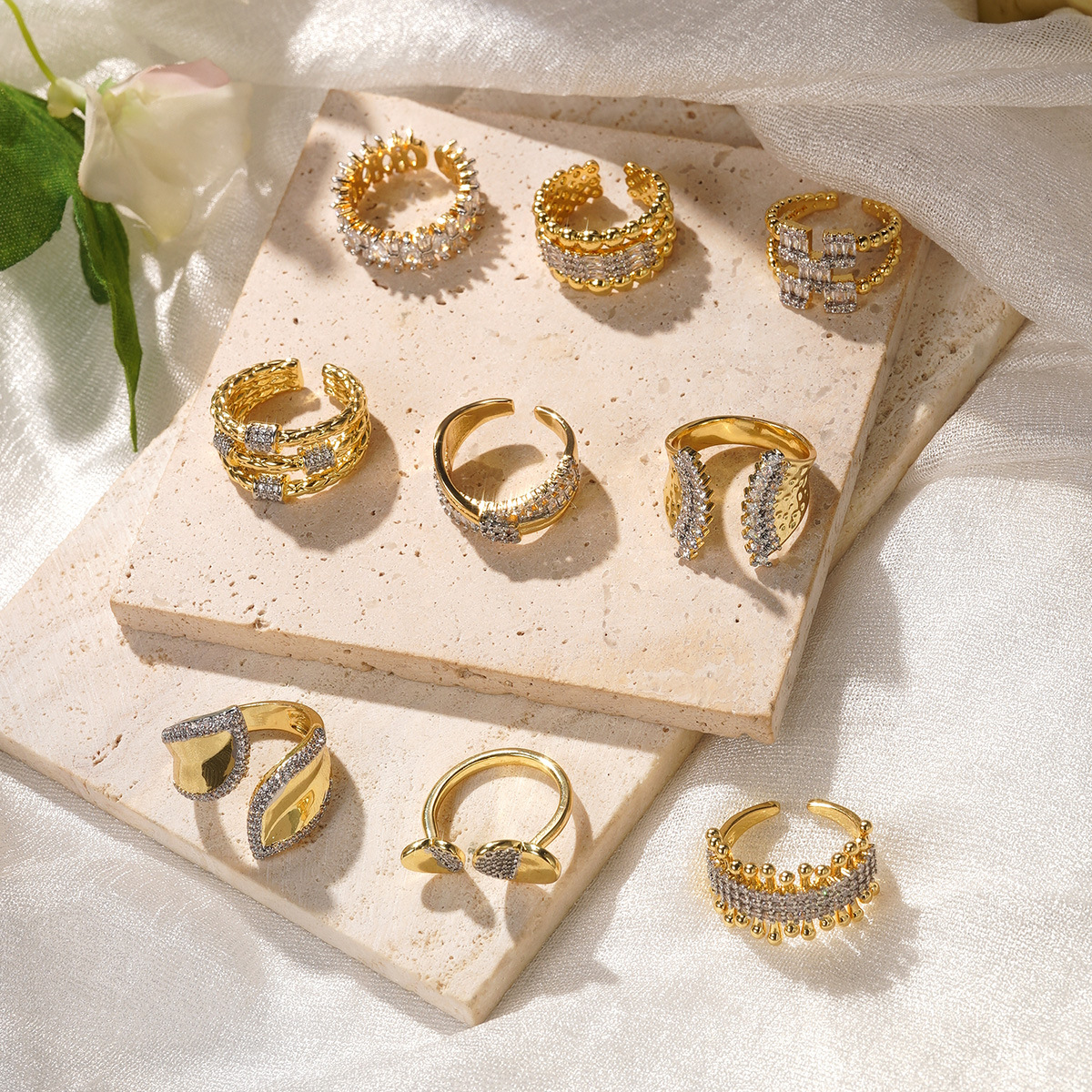 Cross-border fashion style zirconium-set open ring, niche design sense, index finger ring, light luxury and high-end ring accessory