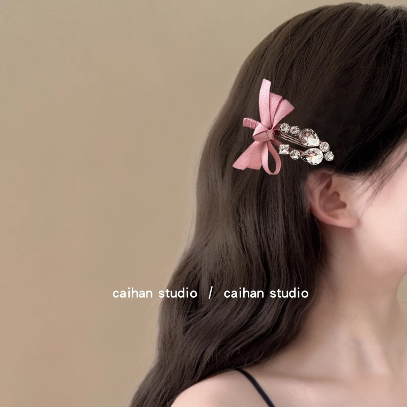 New Korean sweet ribbon bow, rhinestone duckbill hair clip, super fairy-like bangs clip, side clip hair accessory for women details Picture