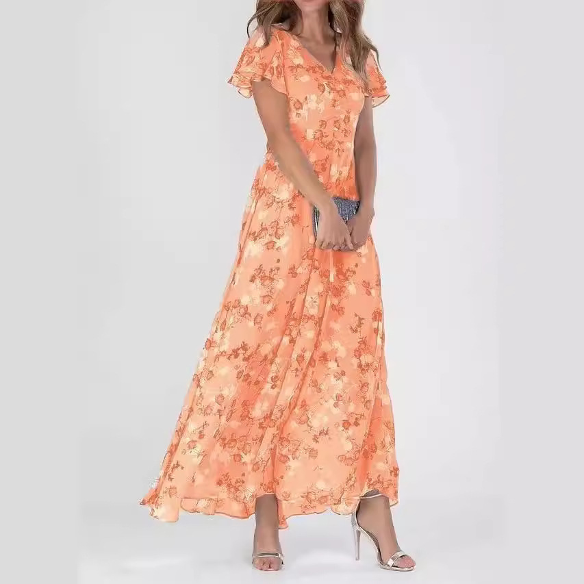 2026 New European and American beach swing long dress, chiffon floral print short-sleeved ruffled V-neck fashionable cinched waist dress details Picture