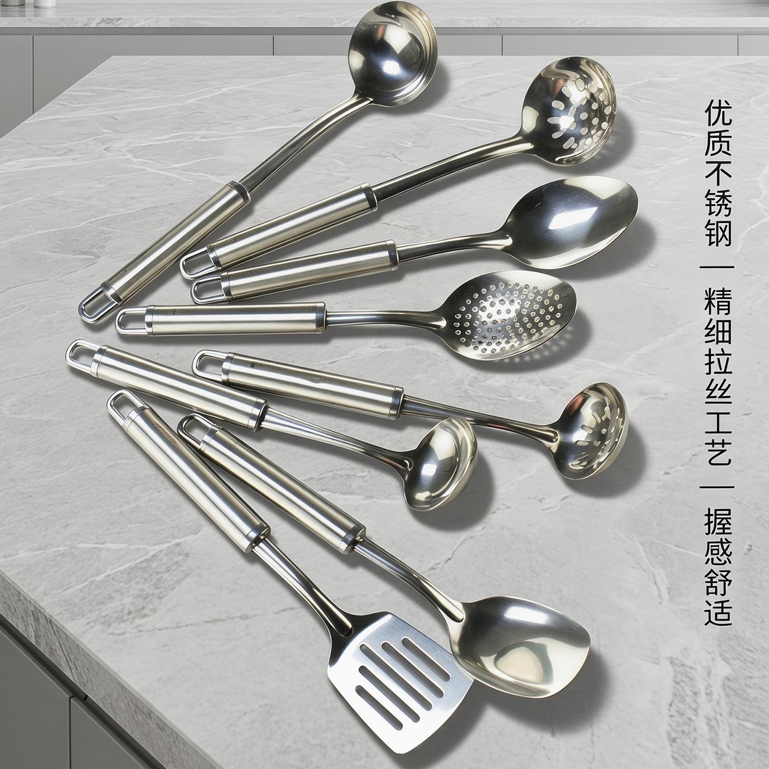 Stainless steel spatula kitchenware set, cooking soup spoon spatula, serving spoon, anti-scald stir-frying spatula, frying spatula, large strainer spoon gift Specification image