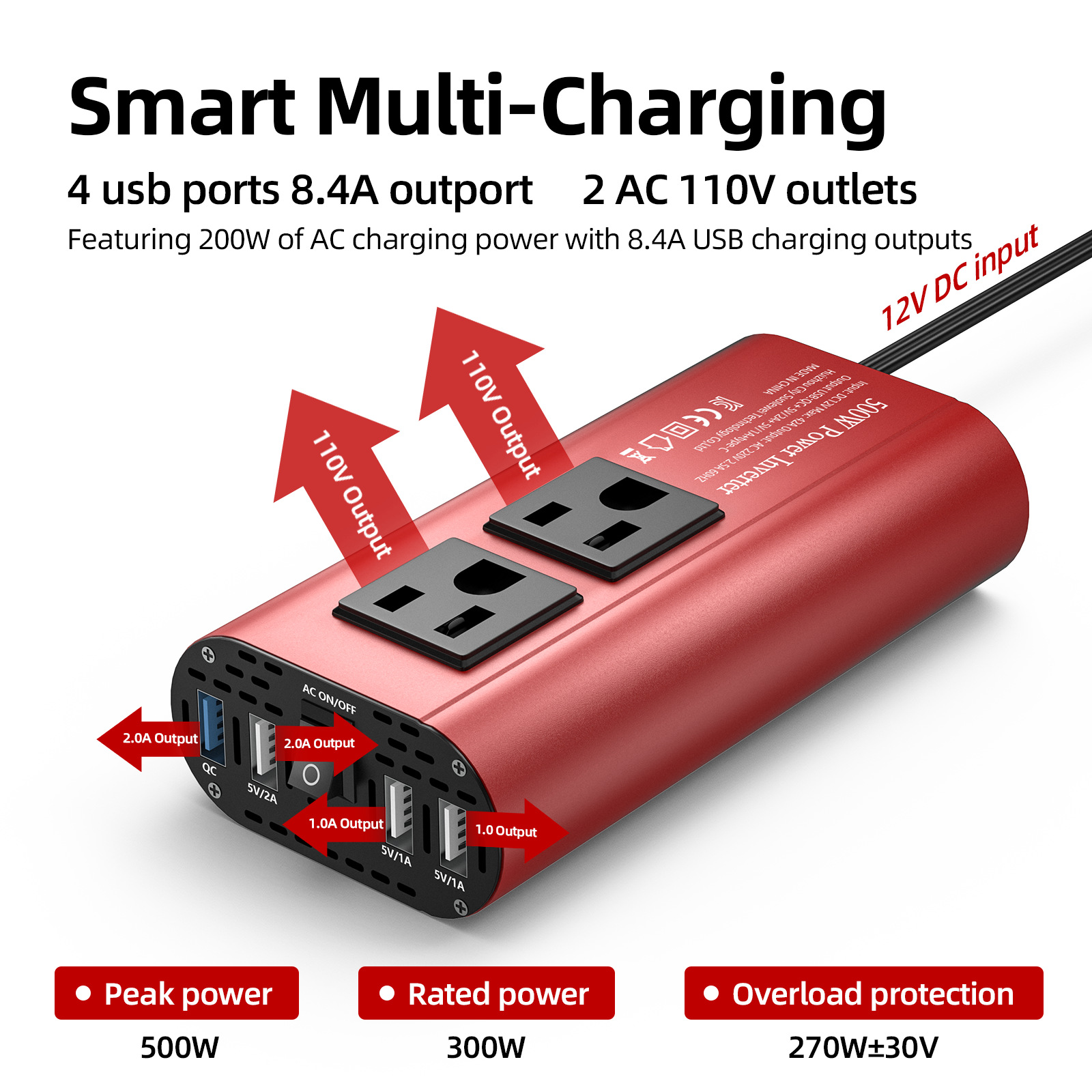 跨境专供欧/美逆变器修正弦波300/500W车载电源转换器12V转220V产品图