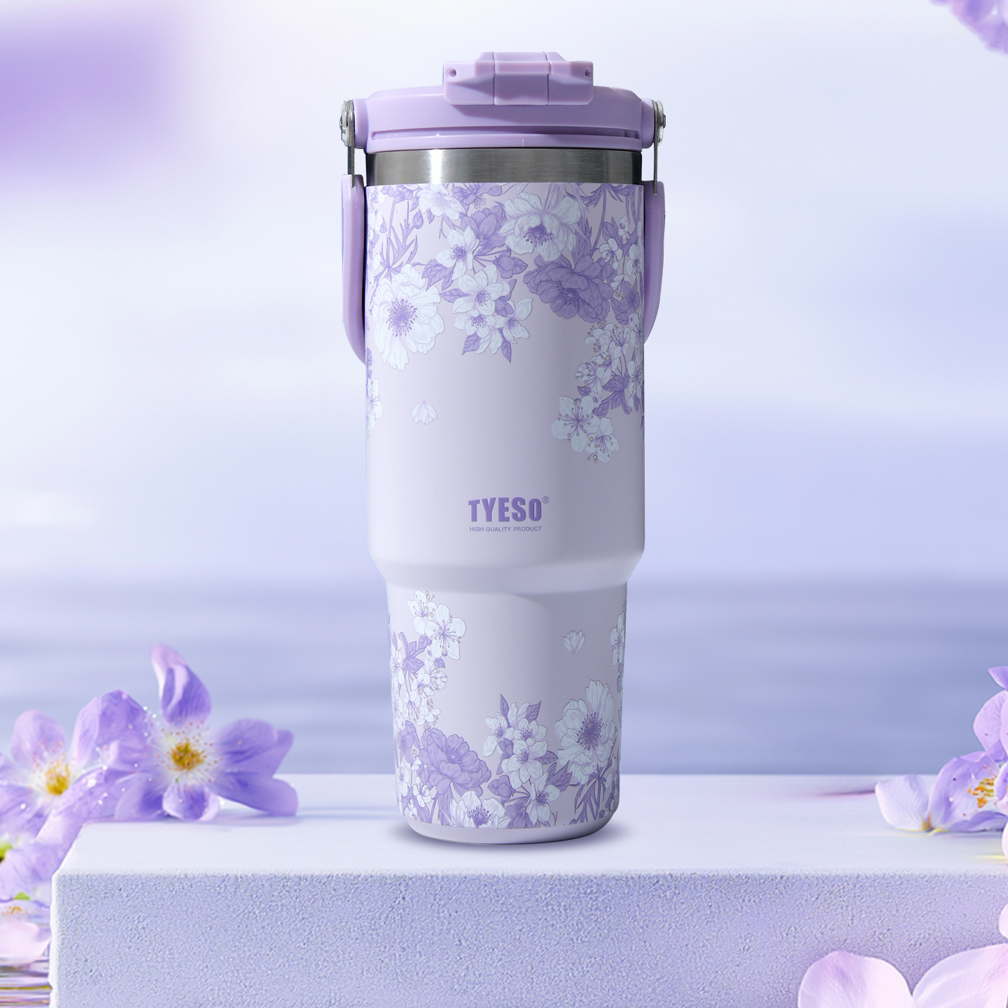 TYESO/ Taishuo Colorful Flower Insulated Cup, double-layer cold preservation portable ice cup, double-drinking car large-capacity water cup Application Scenario
