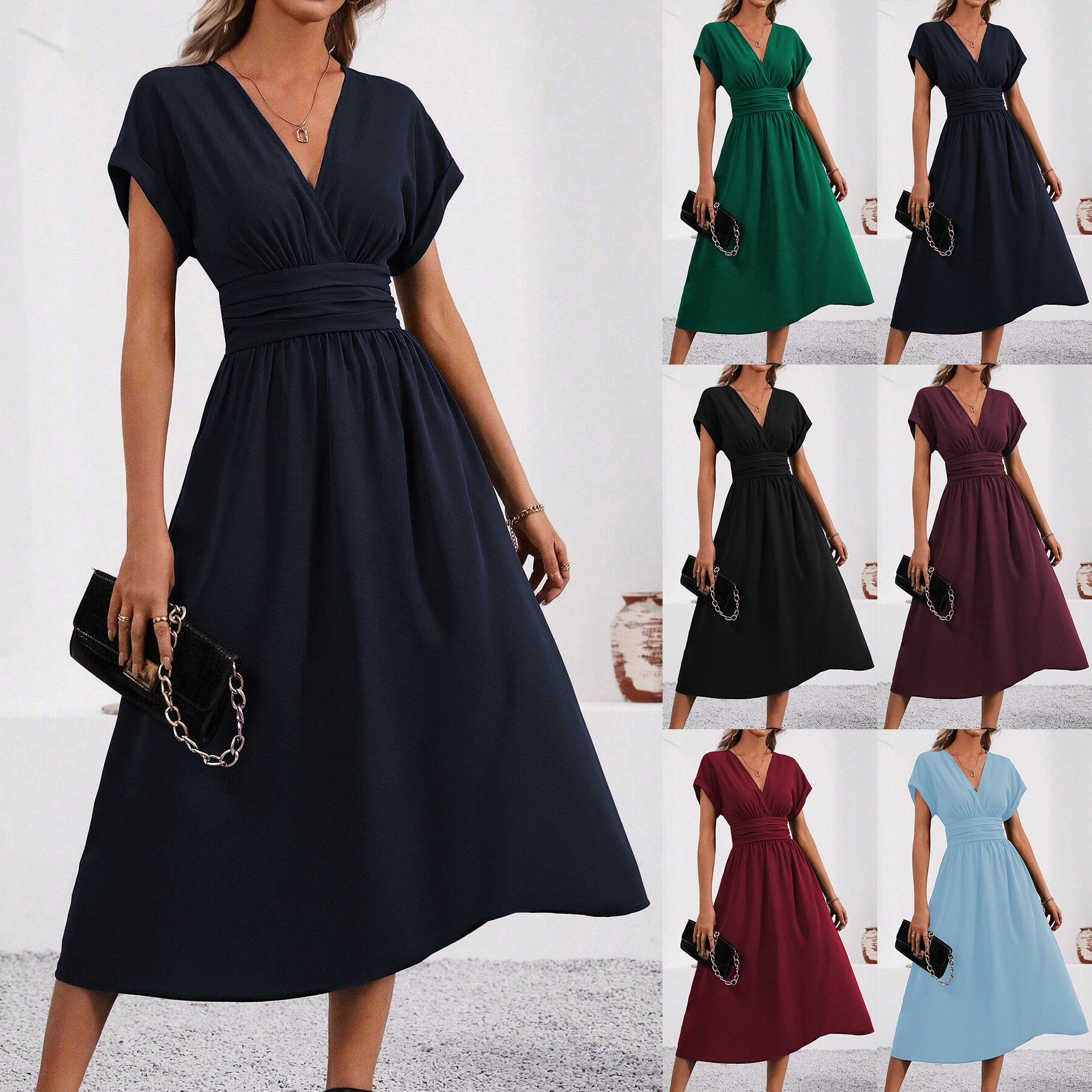 A long elegant dress with a solid color overlapping V-neck, bat sleeves and pleated waist for women in summer. It is a long dress for women's wear full figure
