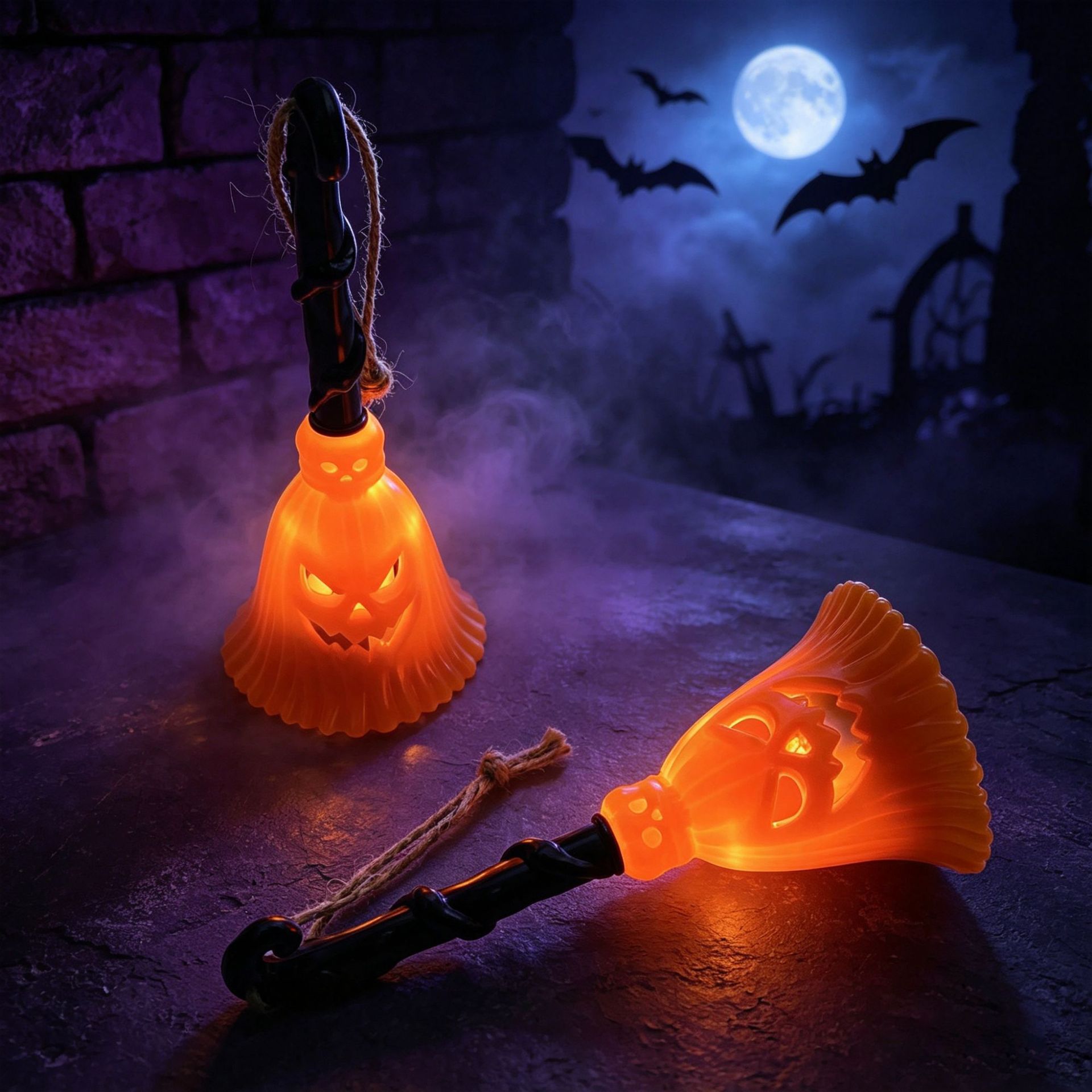 Halloween Witch broom, pumpkin lantern, led light, small hanging lamp, haunted house party scene, atmosphere decoration props, Halloween decoration details Picture