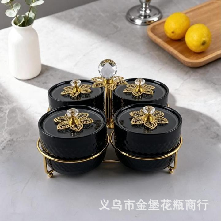 European-style golden ironwork stand, ceramic fruit plate, four-compartment sealed snack can, New Year goods, nuts and pastries storage box, batch
