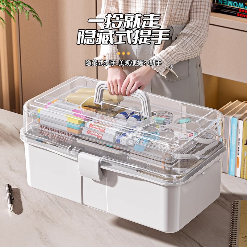 Stationery organization, art tools, transparent three-layer folding portable desktop, paintbrush, paint, calligraphy storage box, storage box Application Scenario