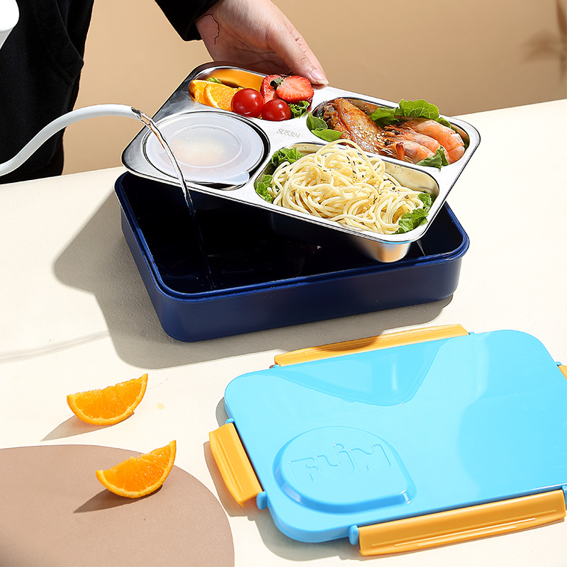 Large-capacity four-compartment stainless steel lunch box, Japanese-style non-cross-flavor compartmentalized student and office worker sealed lunch box with rice Application Scenario