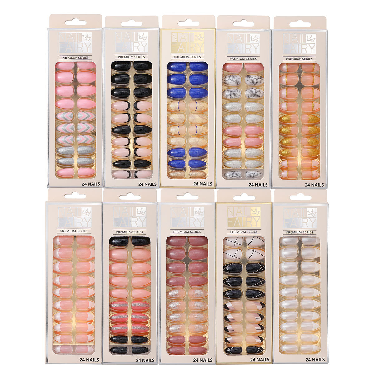 New foreign trade products: Teardrop nail detachable wearable nail art pieces, 24-piece sharp nail art patches, false nails, starry sky nail art