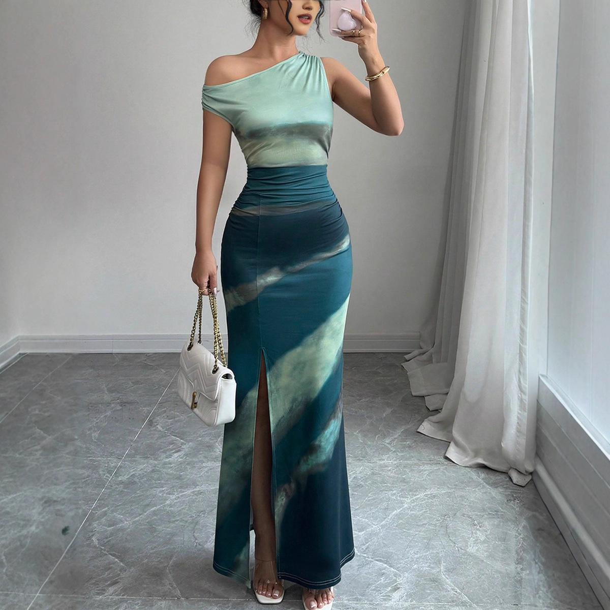 Cross-border Amazon foreign trade women's clothing 2025 Summer New Style European and American color contrast slimming dress, off-the-shoulder long dress Y2 full figure