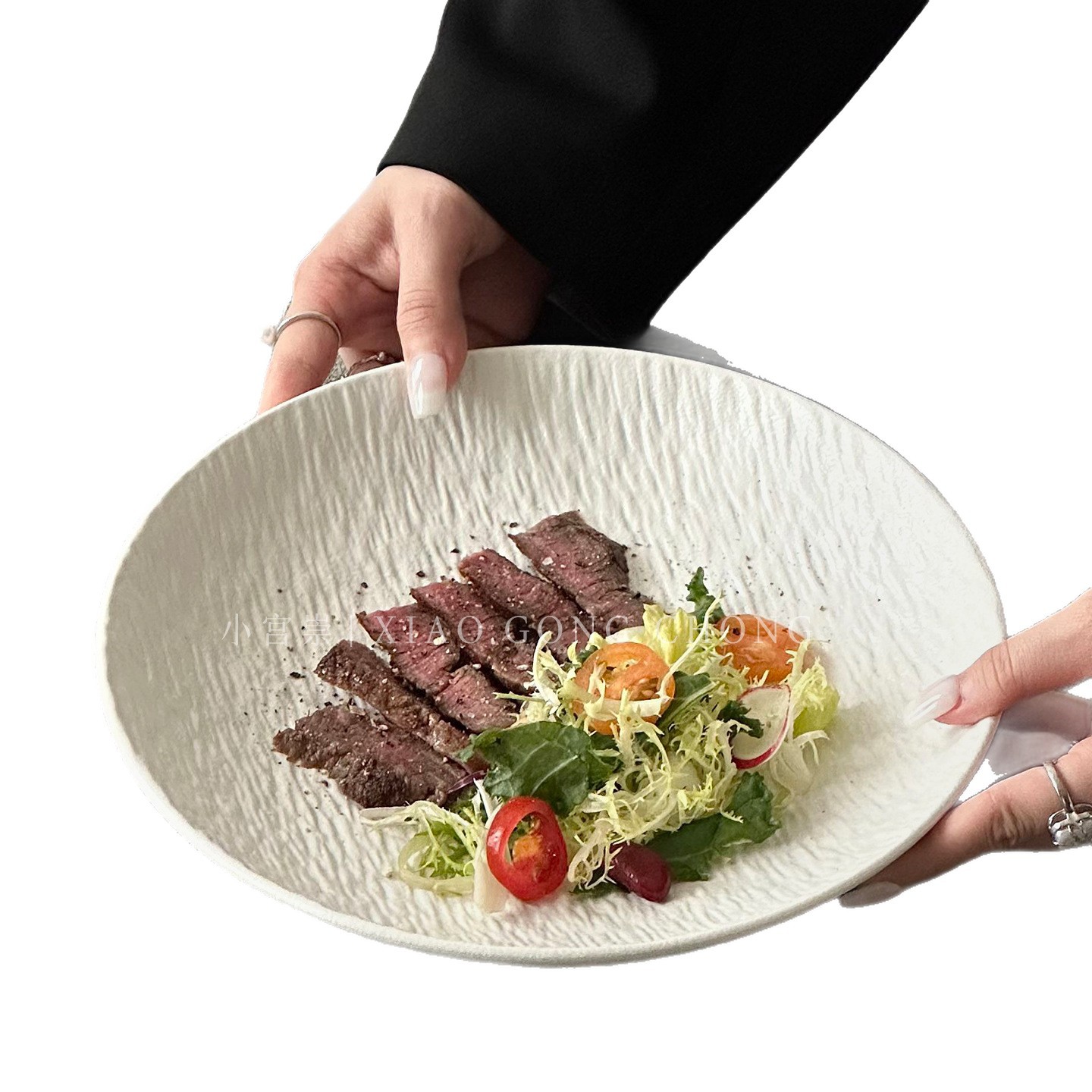 石纹陶瓷深盘轻奢家用牛排盘意面盘高级感西餐盘蔬菜沙拉盘盘子白底实物图