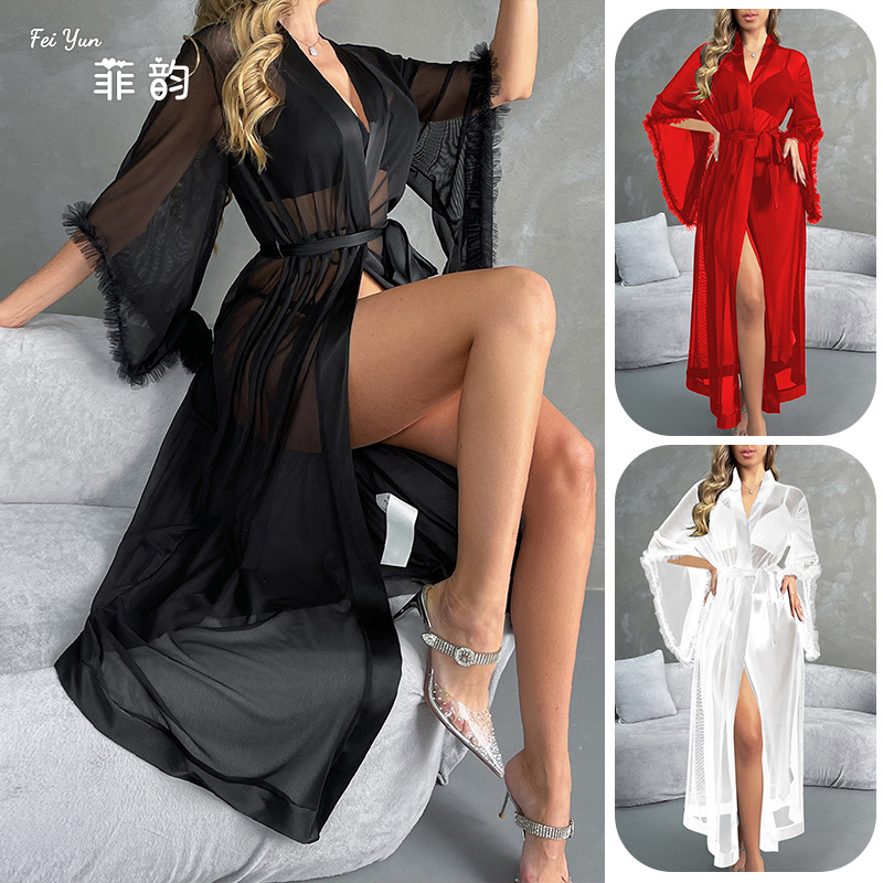 Cross-border European and American sexy mesh long bathrobe, loose and buttoned cuffs, sexy see-through pajamas, women's home wear 827 full figure
