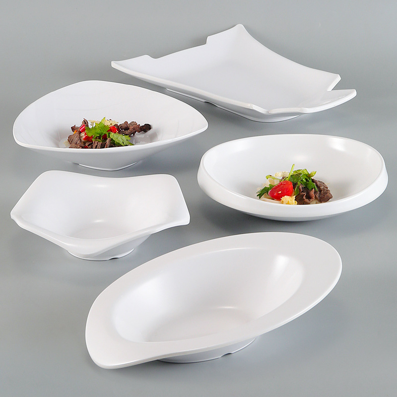 Melamine tableware, white imitation porcelain irregular-shaped plates, hotel and restaurant commercial irregular cold dish plates, creative plates Specification image