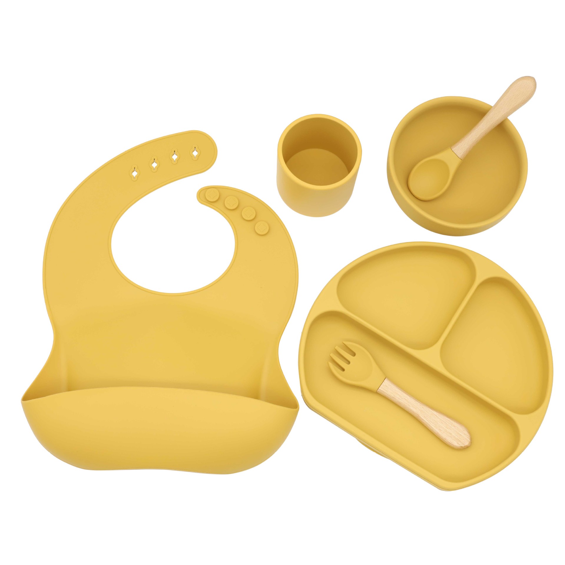 速卖通热销款6件套婴儿围兜餐圆碗勺叉分格餐盘辅食硅胶餐具套装产品图