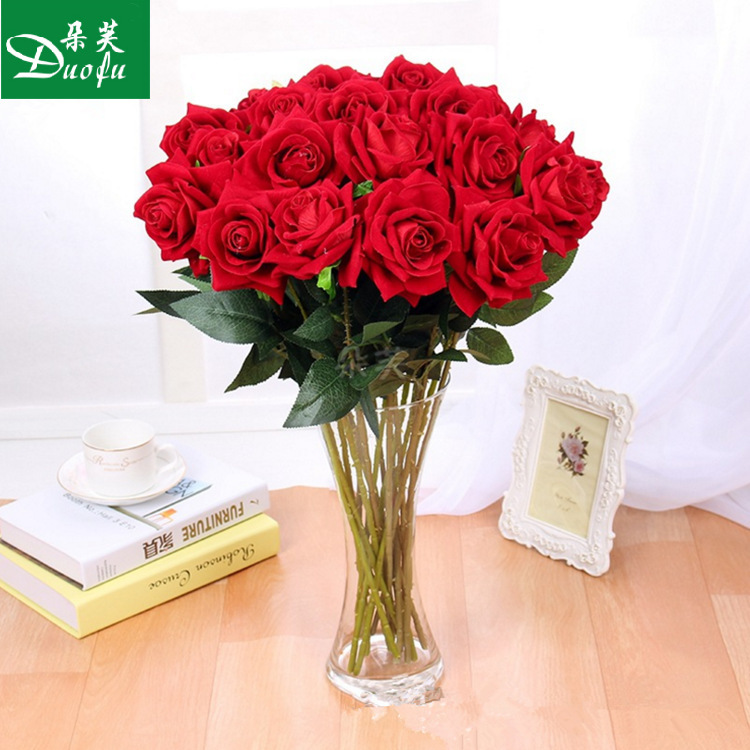 Duofu faux velvet rose, single floor-standing flower, artificial flower, wedding hand-held decorative material, living room, bedroom, wedding flower details Picture