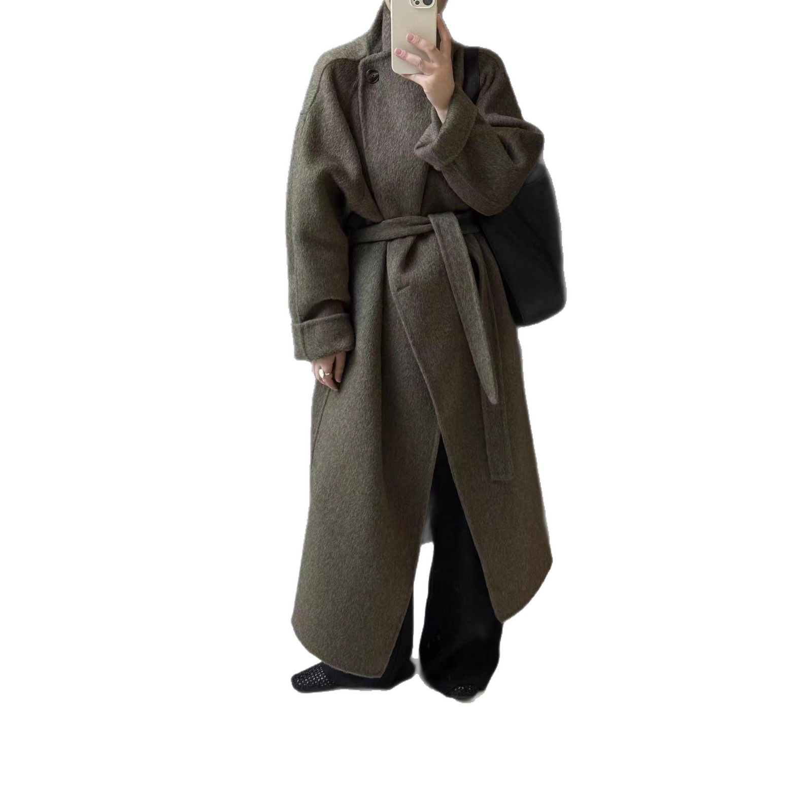 霖儿新长款高级感大翻领气质慵懒风加厚长款双面羊毛呢大衣外套女白底实物图