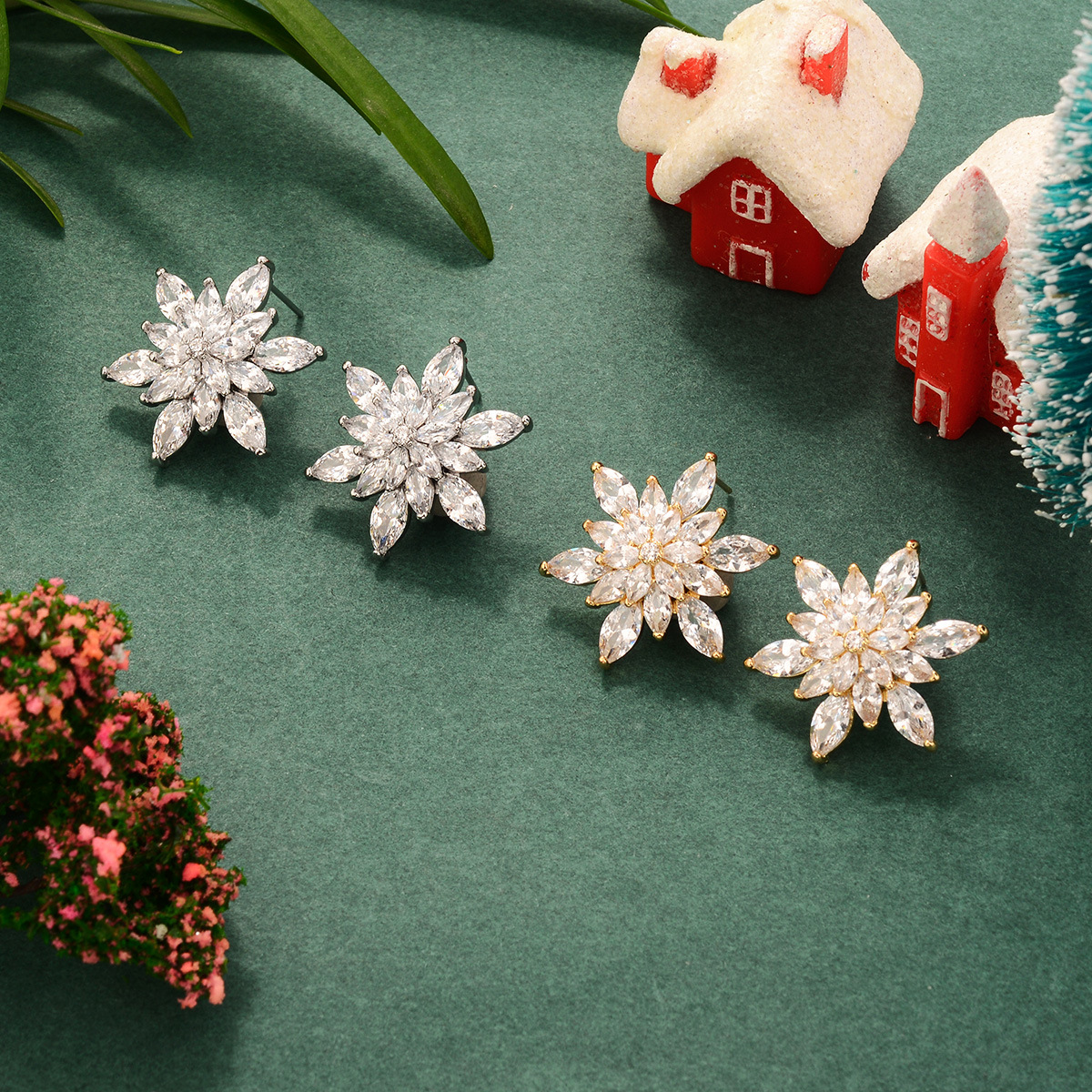 Cross-border light luxury Zircon ice flower stud earrings, Christmas women's 2024 new trendy and niche earrings, high-end earrings