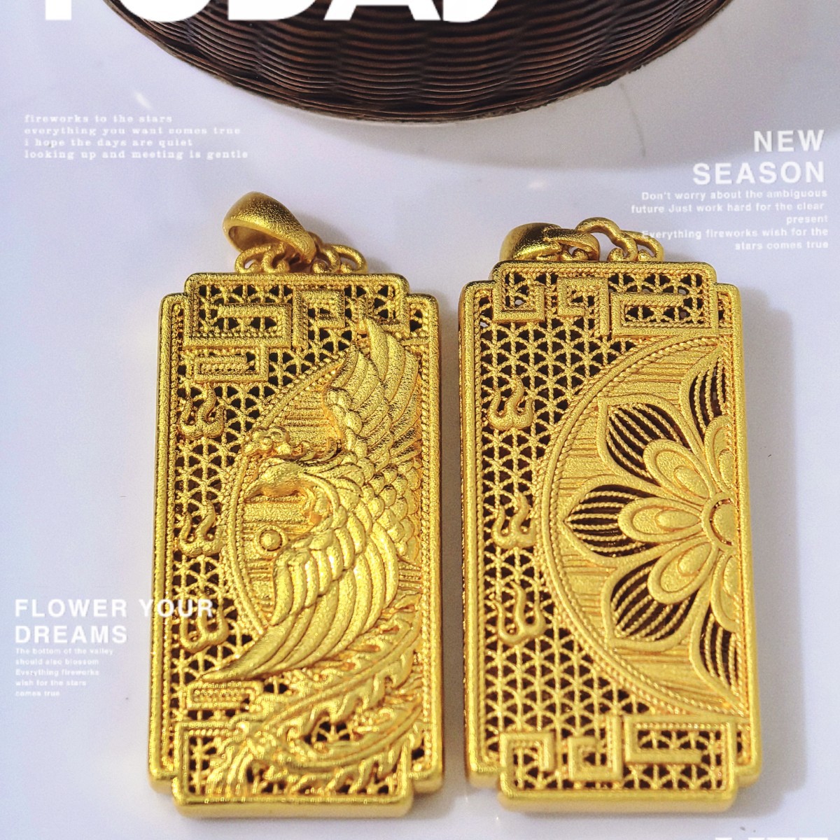 中国风古法金凤凰于飞吊坠方牌花丝镂空祥云凤挂坠