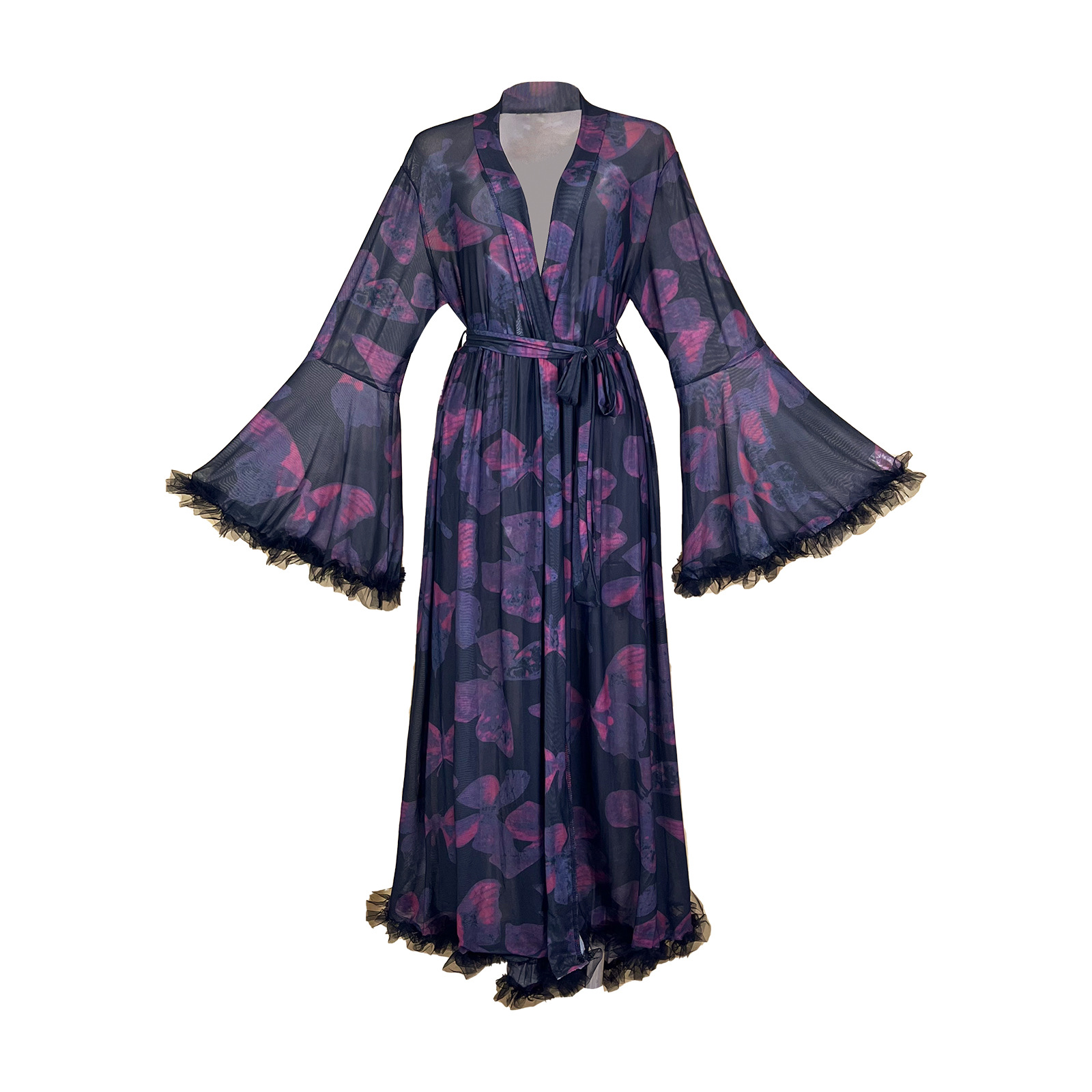 European and American large flared sleeve butterfly print mesh bathrobe, tie tassel, fringed high slit bathrobe, home wear 1119 Item Picture