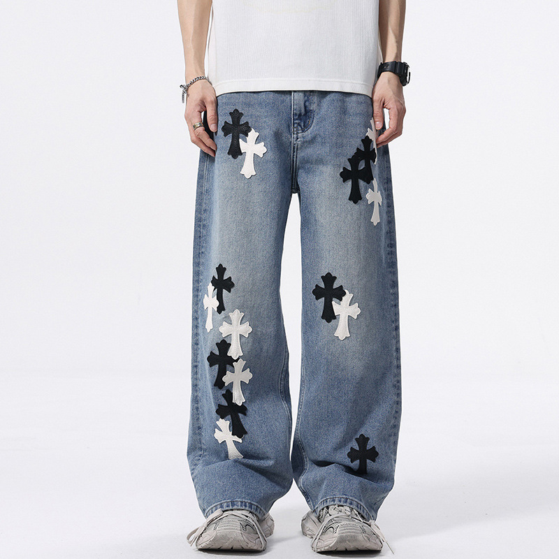 美式高街重工贴皮十字架刺绣拖地阔腿直筒牛仔裤男宽松轻奢长裤子