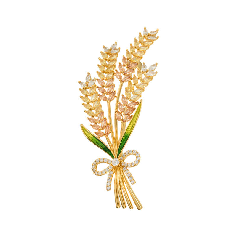 Diseño original alto grado sentido broche de espiga de trigo aleación de cobre chapado de oro real micro incrustado con zirconio goteo de aceite delicados pin ornamentos Item Picture