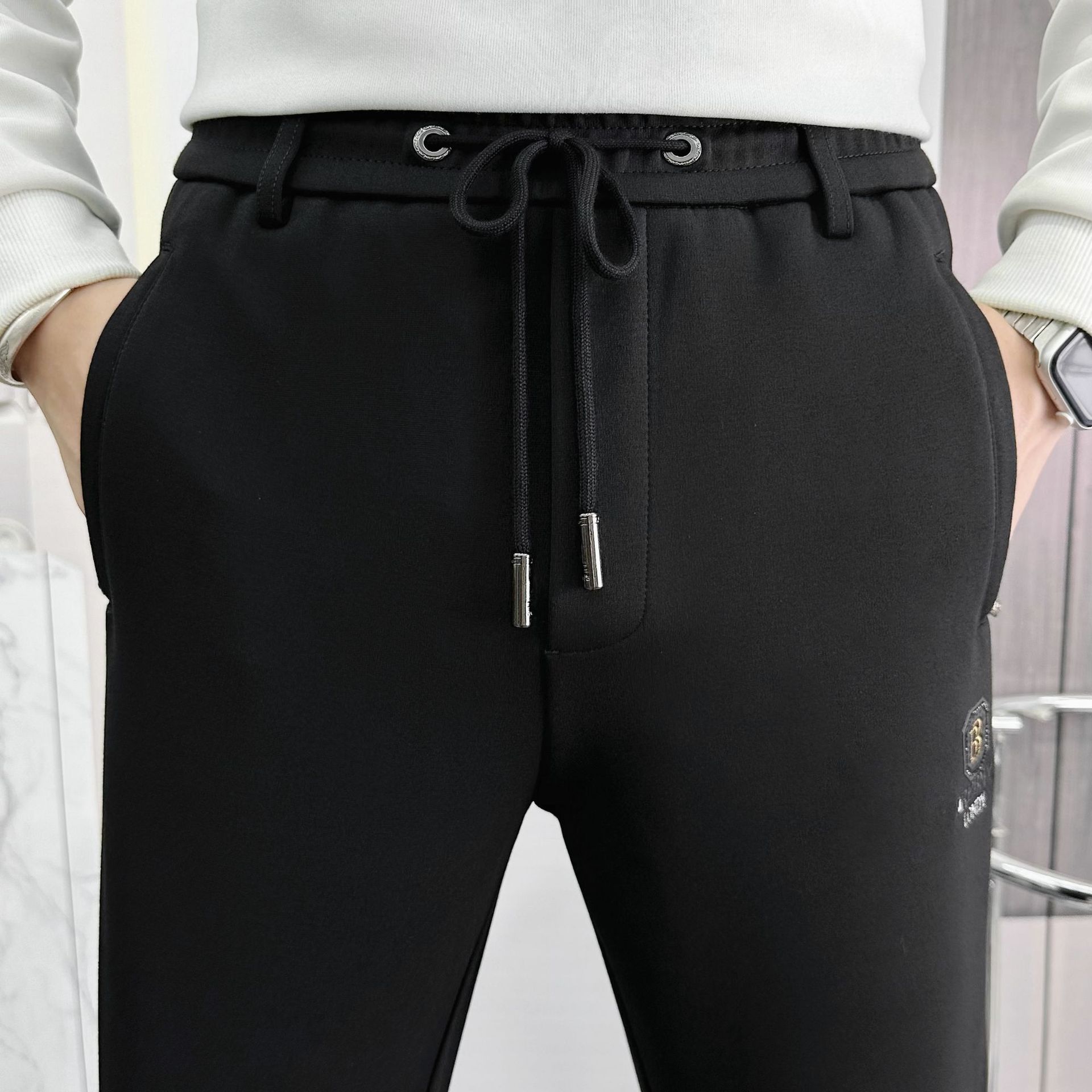 Autumn men's casual pants, black and versatile, Korean-style solid color drawstring tights, sweatpants, men's halon pants, high elasticity and breathable
