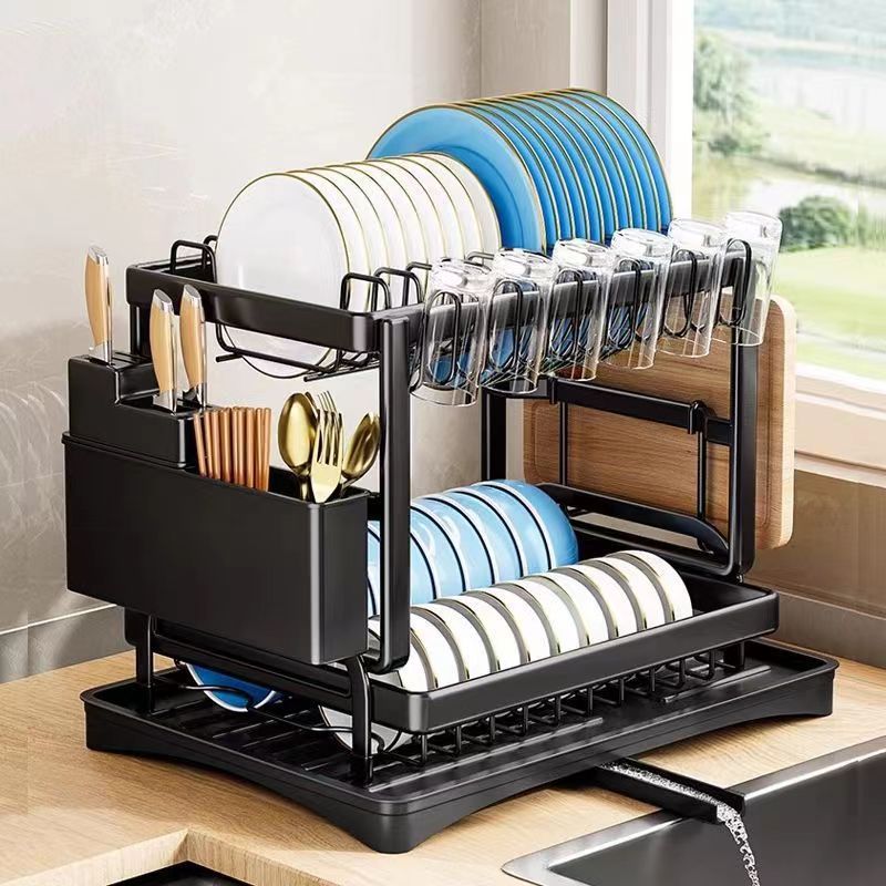 Cross-border kitchen household metal shelving, tableware storage, draining rack, multi-functional organizing countertop, double-layer dish rack